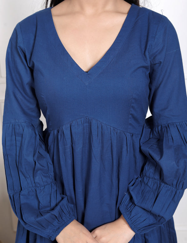 Royal Blue Solid Flared Dress with White Lace Detailing
